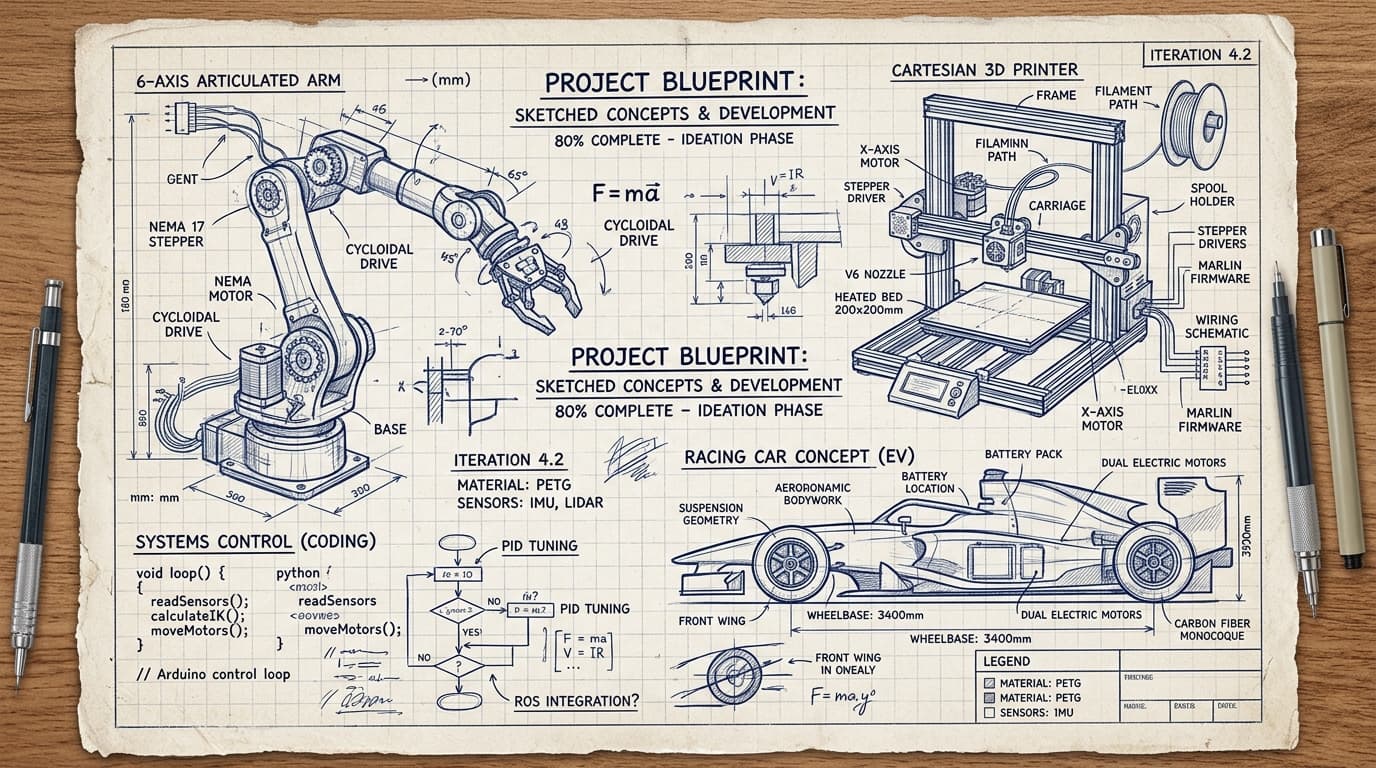 Blueprint technical drawing showing a robot arm, 3D printer, and racing car concept